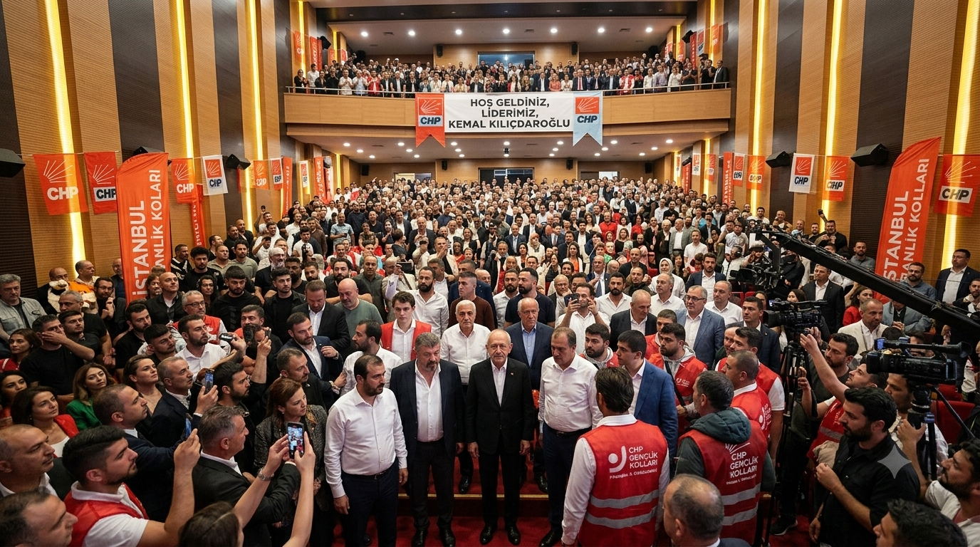 Salona adım attığı an yükselen marşlar, ellerde dalgalanan bayraklar, gençlerin