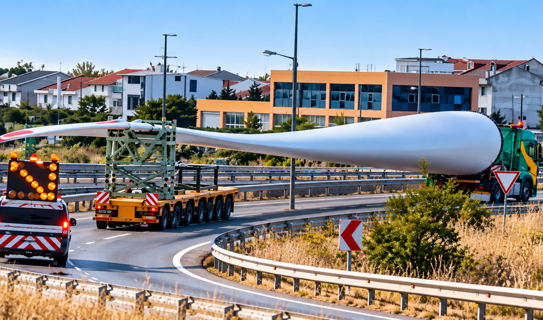 Silivri’nin Kınalı bölgesinde gerçekleştirilen rüzgâr türbini kanadı nakliyesi, güzergâhta zaman